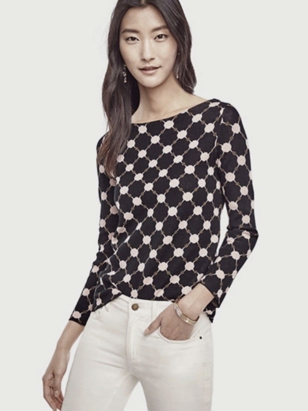 Ann Taylor Factory Black and Cream Geometric Long-Sleeve Top